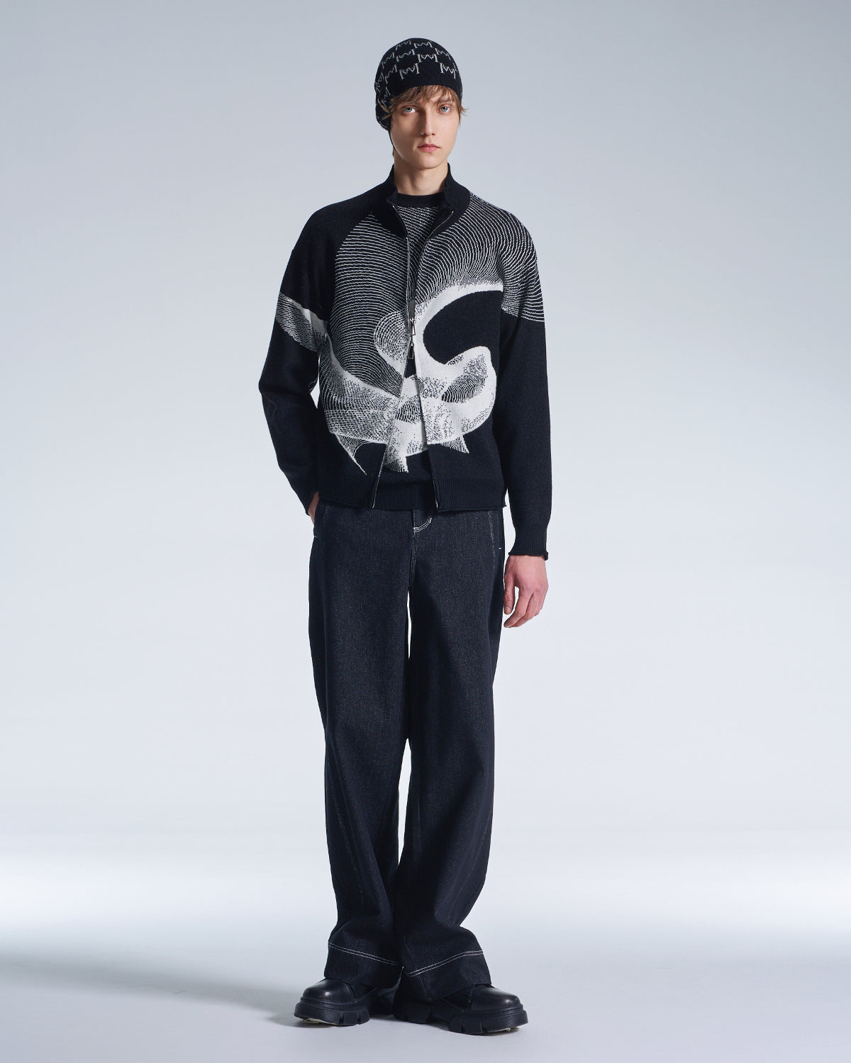 HARRISON WONG / Wool Zipper Cardigan With Twisted Wavy Lines Pattern