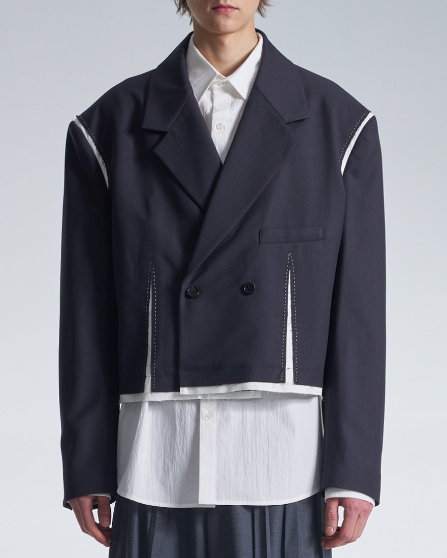 HARRISON WONG / Wide Shoulder Cropped Blazer With Raw Edge Trim