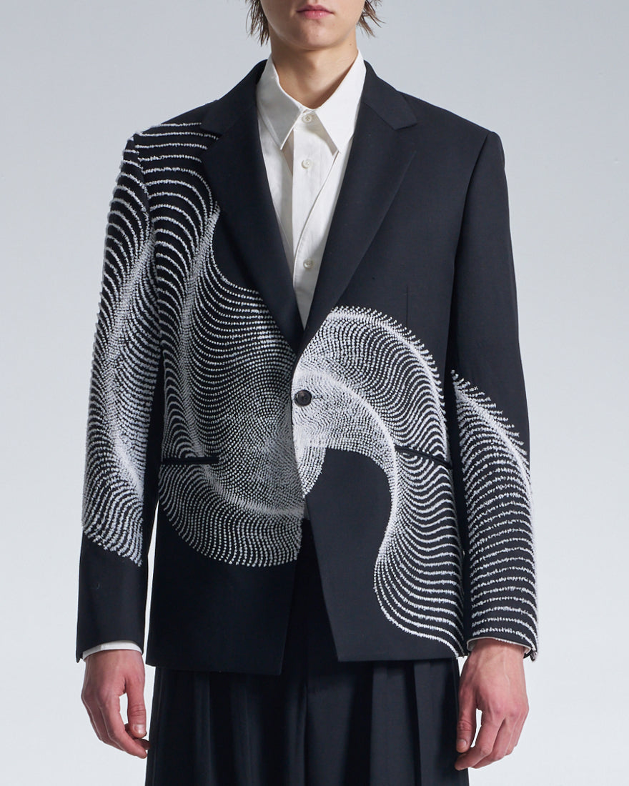 HARRISON WONG / Wool Blazer With Wavy Dots Lines Embroidery - Black