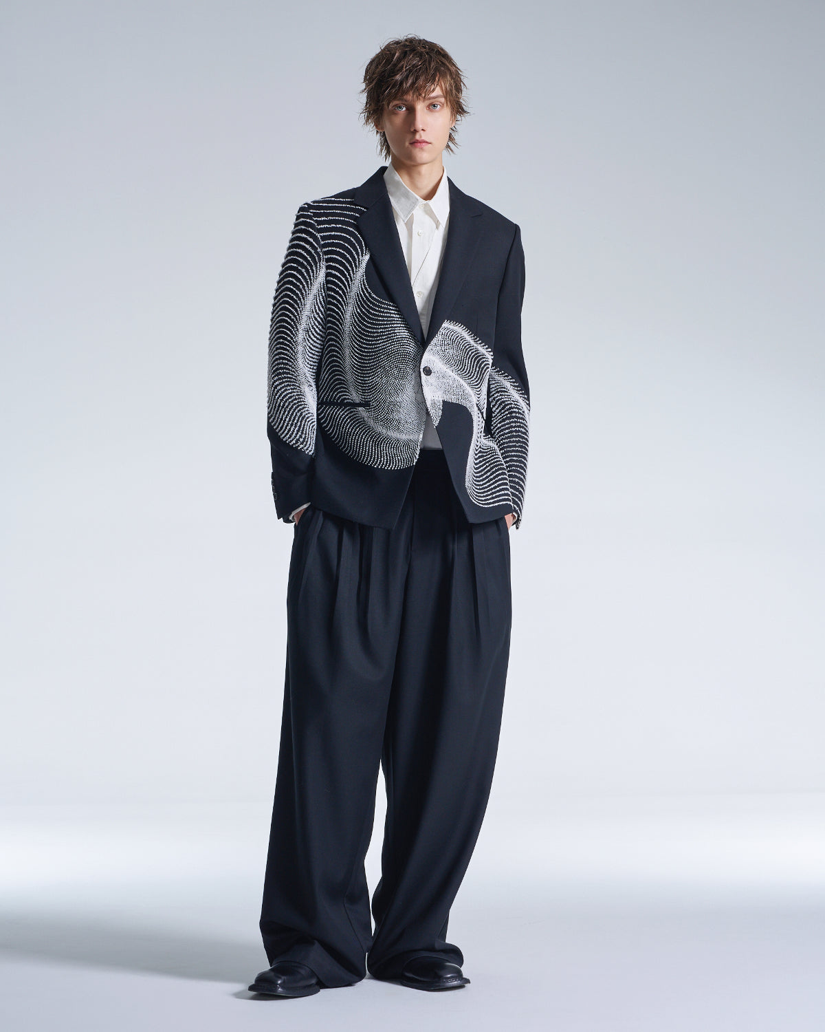 HARRISON WONG / Wool Blazer With Wavy Dots Lines Embroidery - Black