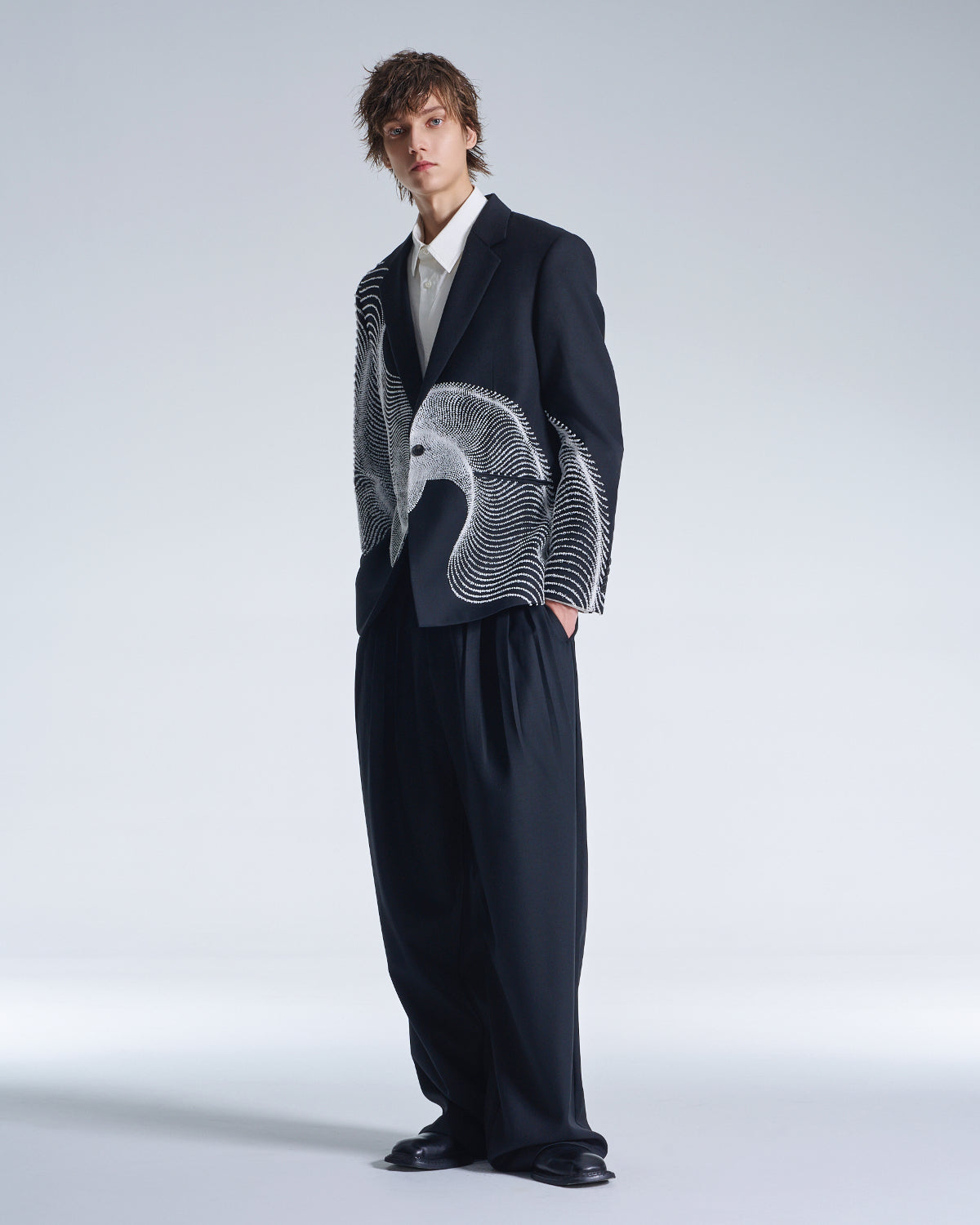 HARRISON WONG / Wool Blazer With Wavy Dots Lines Embroidery - Black