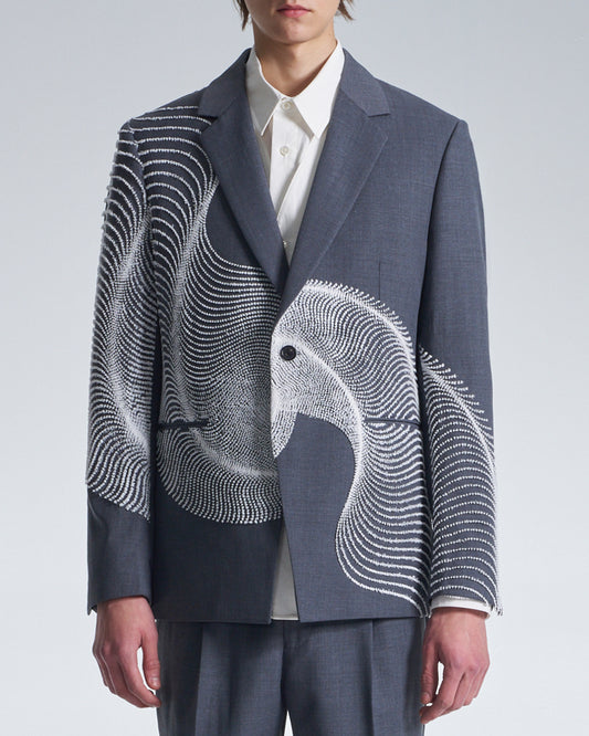 HARRISON WONG / Wool Blazer With Wavy Dots Lines Embroidery - Grey