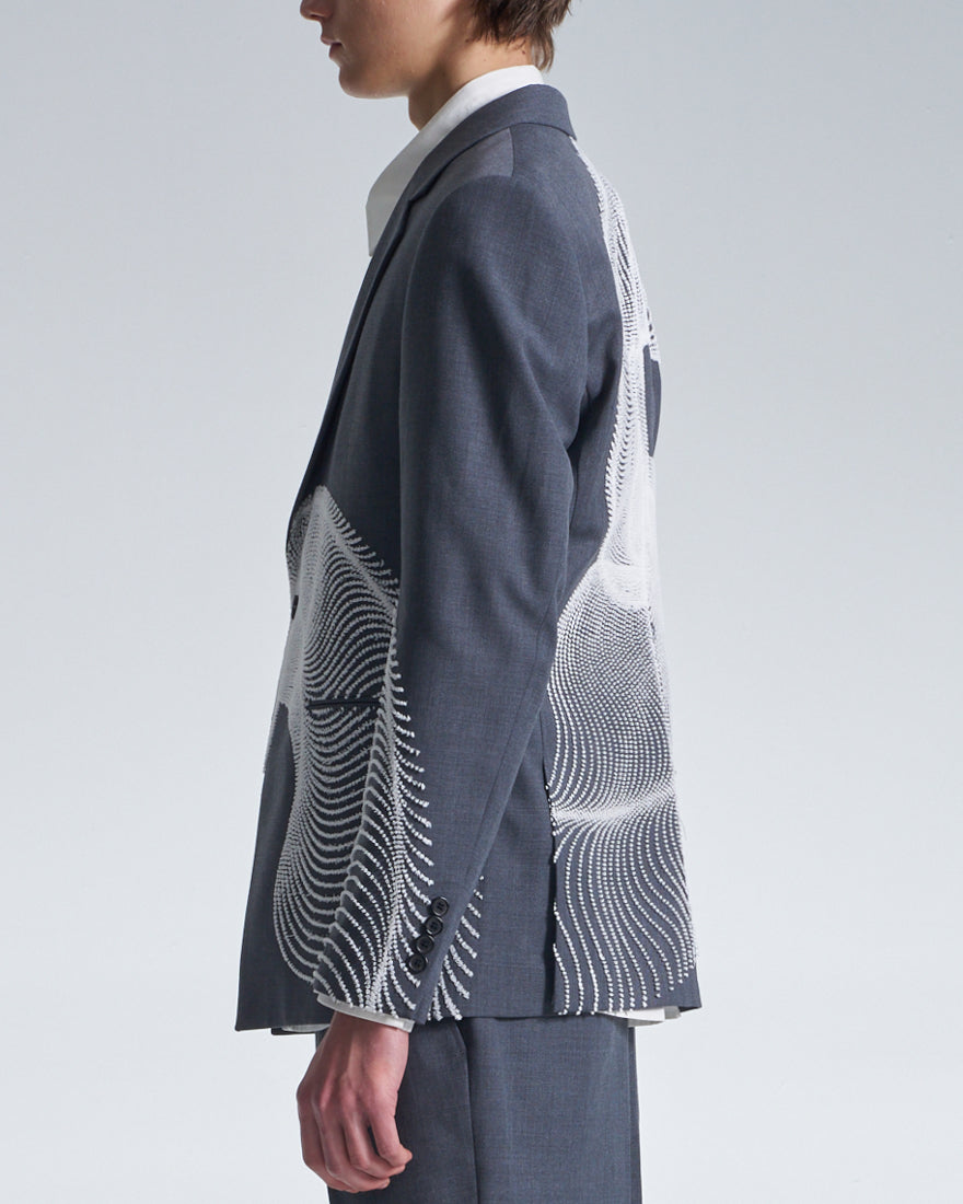 HARRISON WONG / Wool Blazer With Wavy Dots Lines Embroidery - Grey