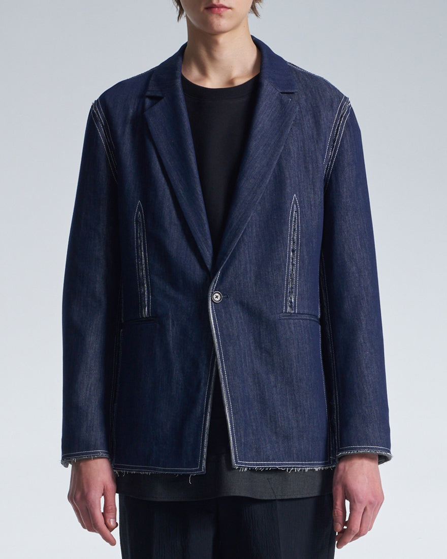 HARRISON WONG / Raw Edge Denim Blazer With Sandwich Knit Base
