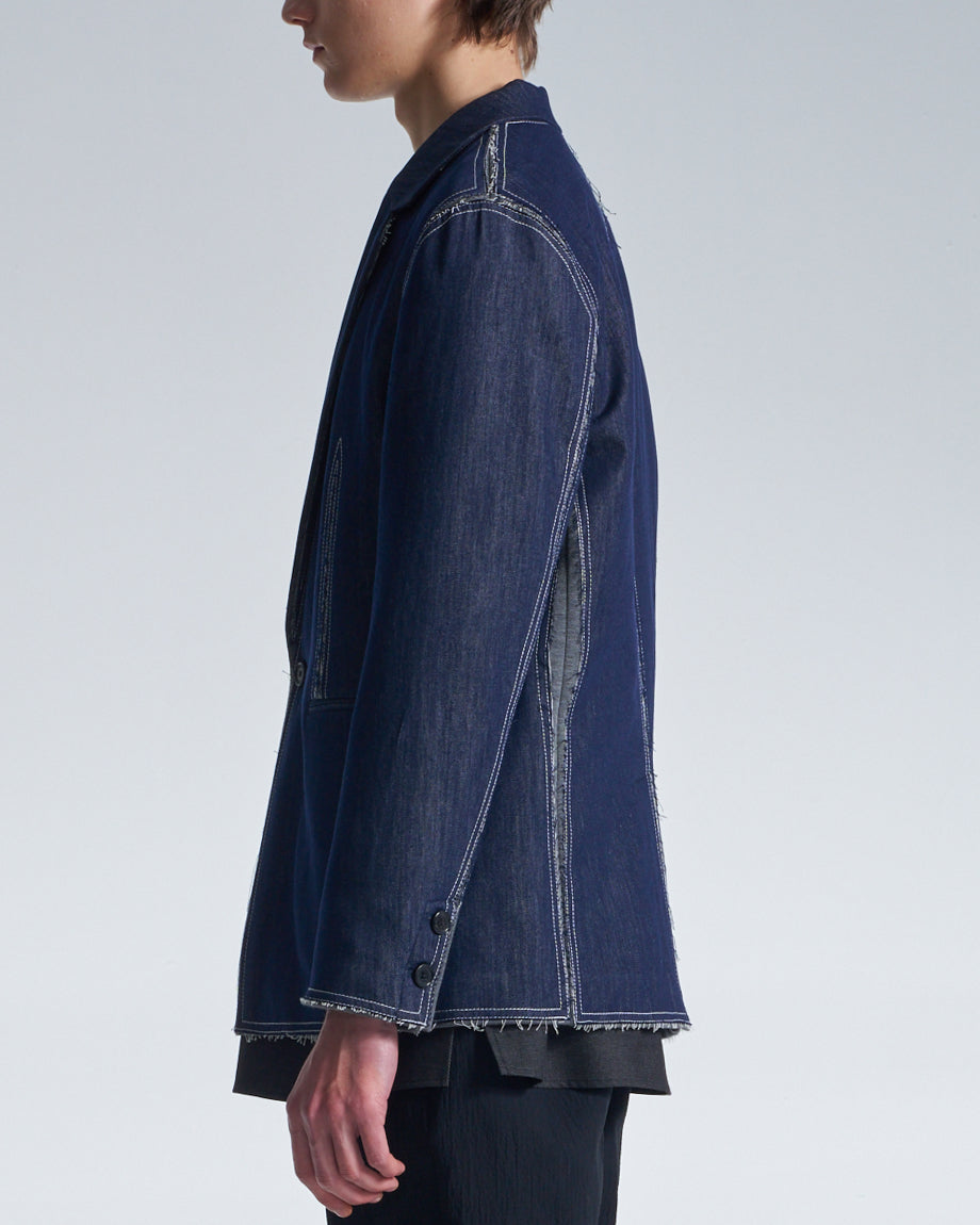 HARRISON WONG / Raw Edge Denim Blazer With Sandwich Knit Base
