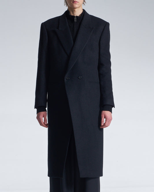 HARRISON WONG / Standard Fit Long Wool Coat With Power Shoulder - Black