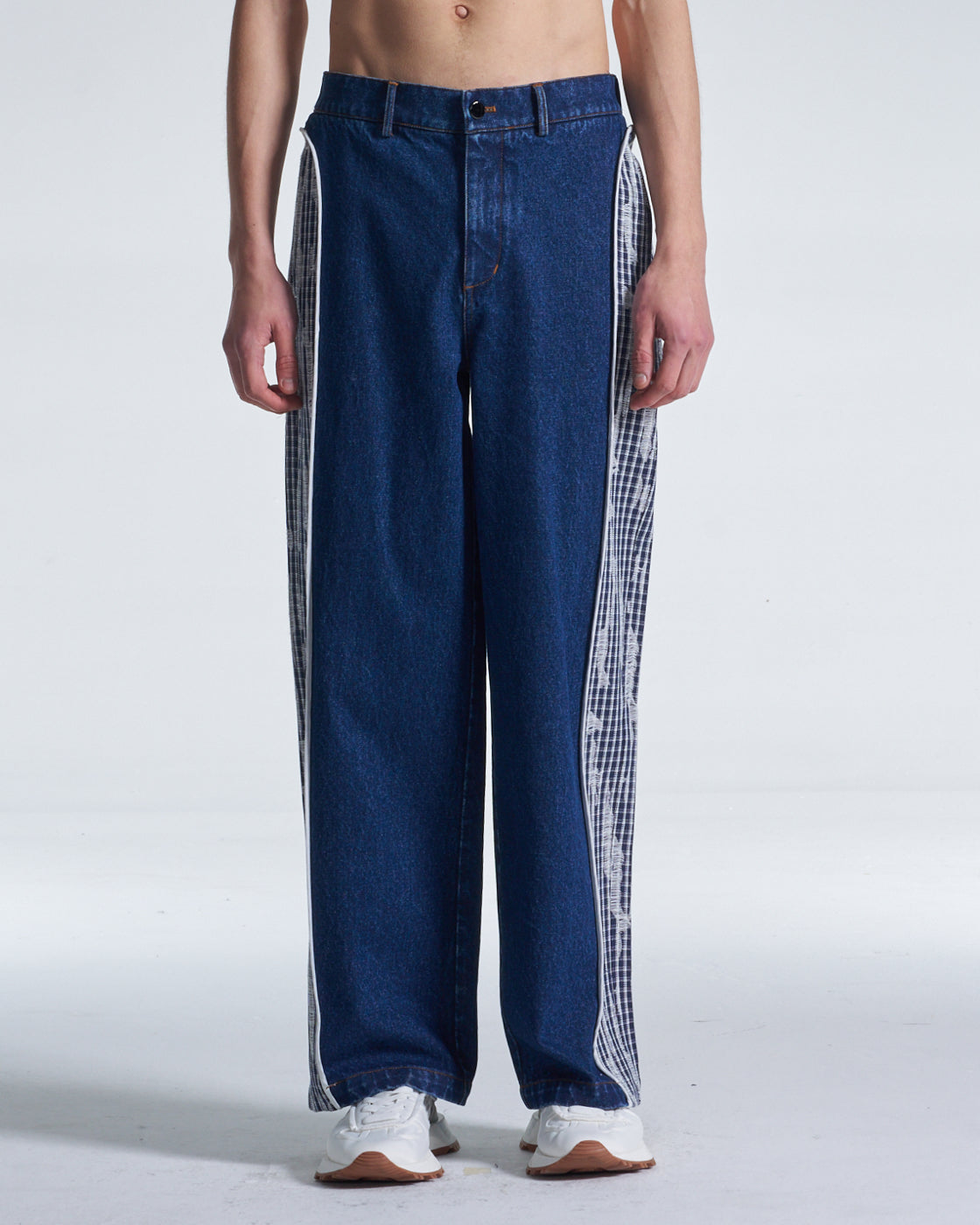 HARRISON WONG / Wide Leg Denim Pants Contrast With Checks