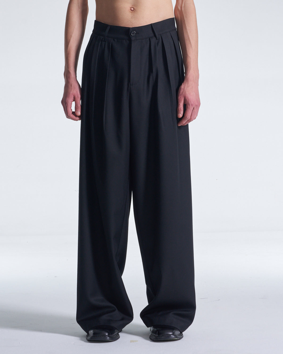HARRISON WONG / Wide Leg Wool Pants With Multi Pleats - Black