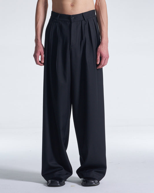 HARRISON WONG / Wide Leg Wool Pants With Multi Pleats - Black