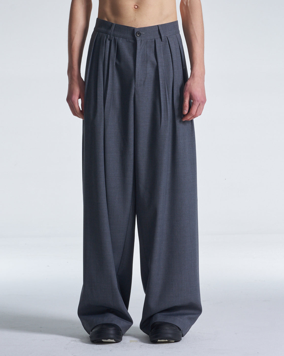 HARRISON WONG / Wide Leg Wool Pants With Multi Pleats - Grey