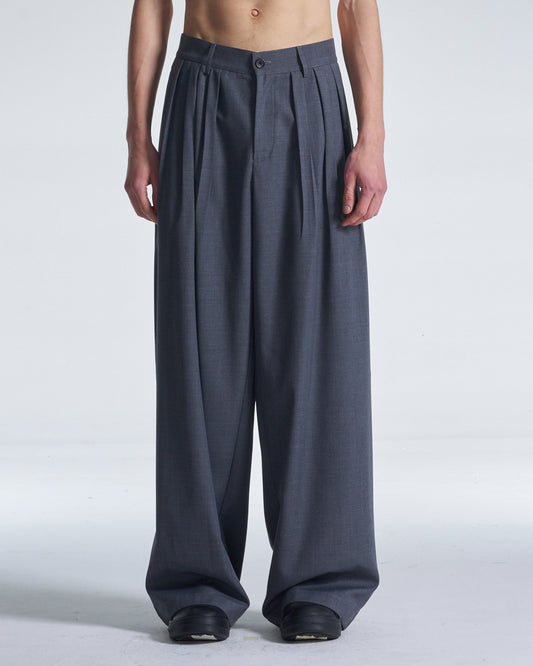 HARRISON WONG / Wide Leg Wool Pants With Multi Pleats - Grey