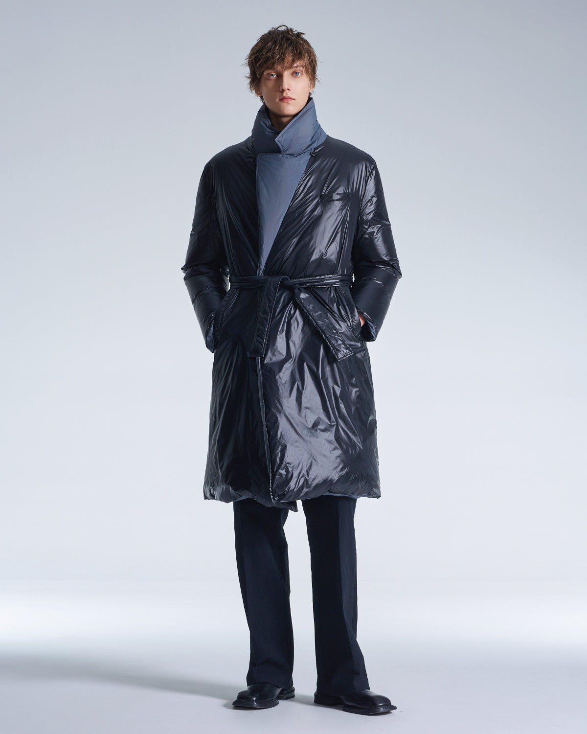 HARRISON WONG / Reversible Down Coat With Belt - Black × Grey