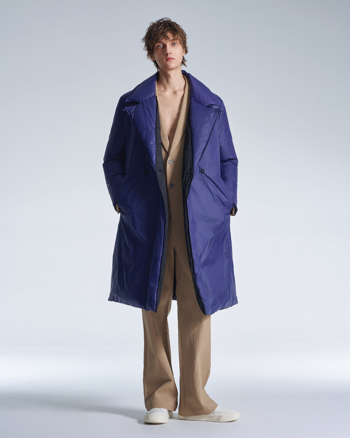 HARRISON WONG / Reversible Down Coat With Belt - Navy × Black