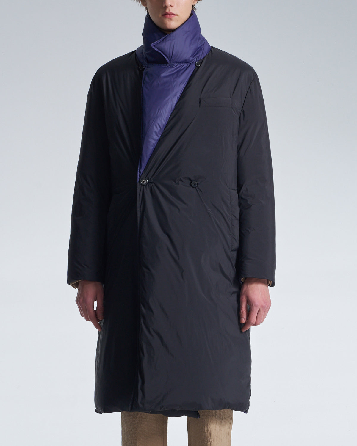 HARRISON WONG / Reversible Down Coat With Belt - Navy × Black
