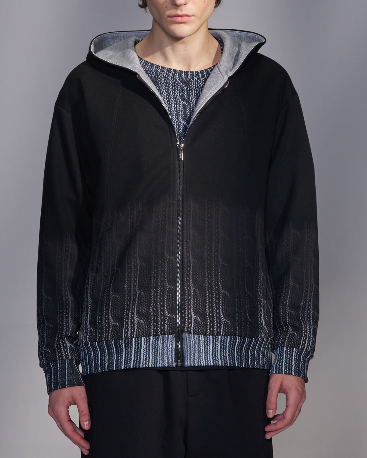 HARRISON WONG / Sweater Print Zip-Up Hoodie - Black