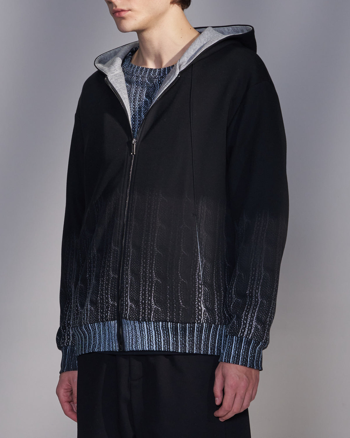 HARRISON WONG / Sweater Print Zip-Up Hoodie - Black