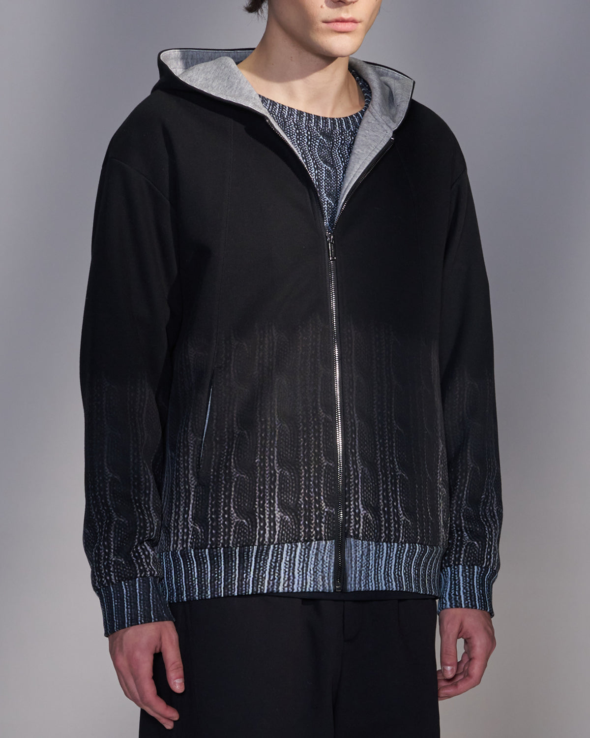 HARRISON WONG / Sweater Print Zip-Up Hoodie - Black