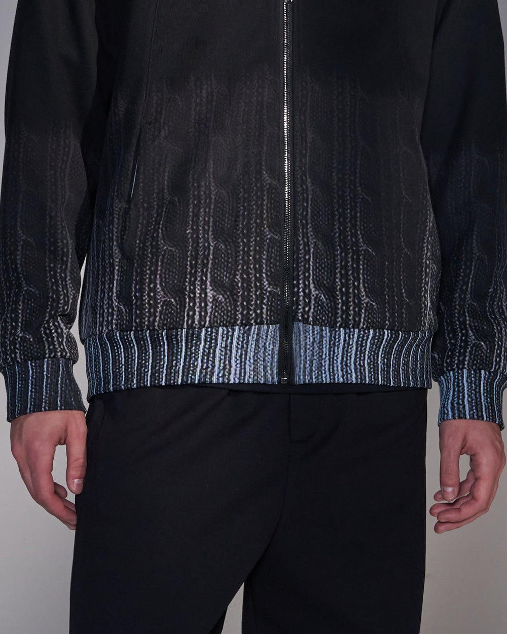 HARRISON WONG / Sweater Print Zip-Up Hoodie - Black