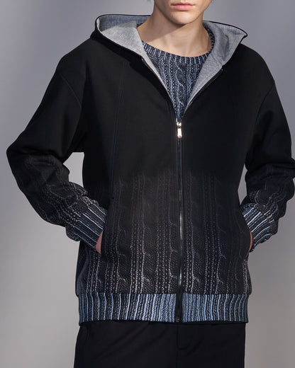 HARRISON WONG / Sweater Print Zip-Up Hoodie - Black