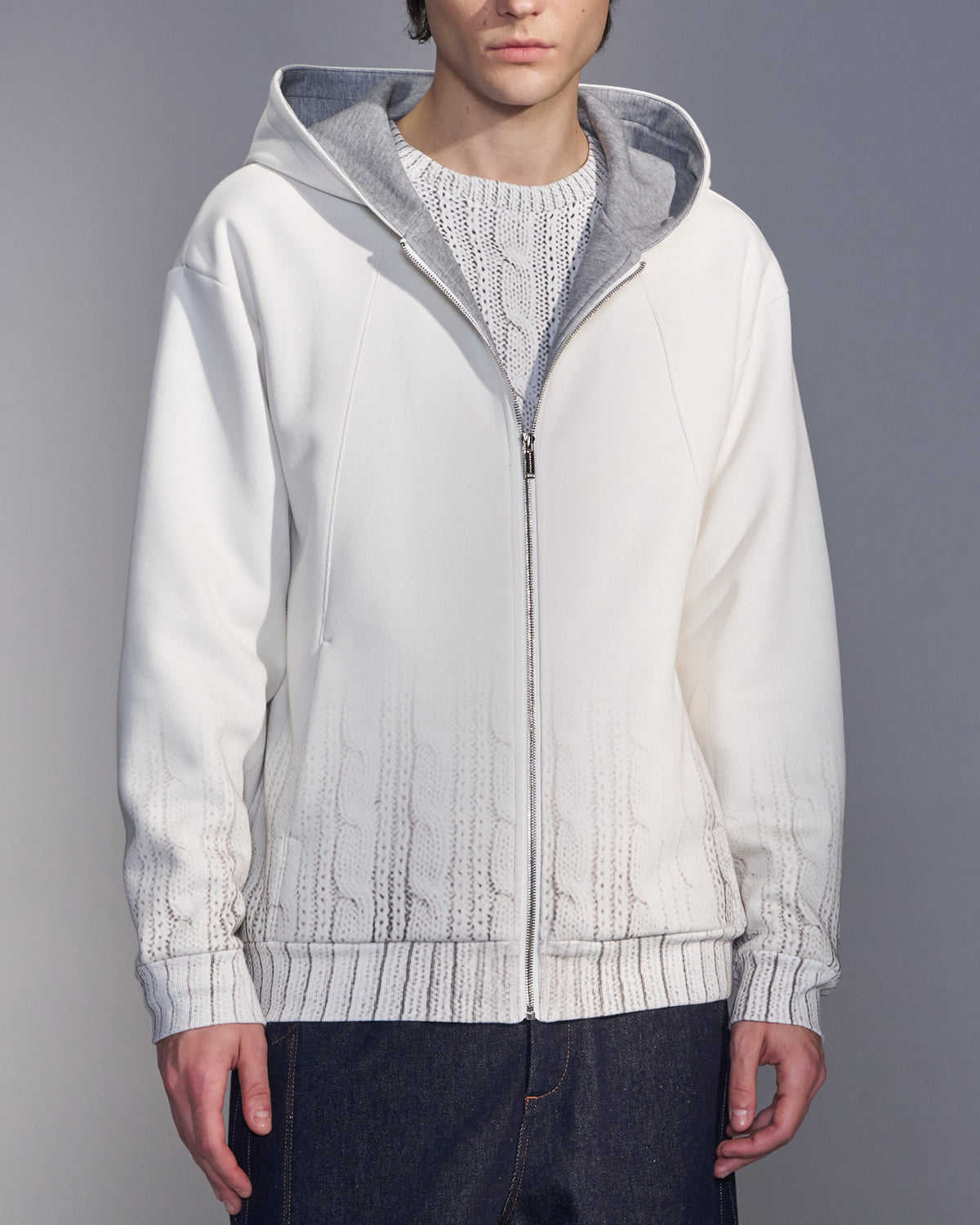 HARRISON WONG / Sweater Print Zip-Up Hoodie - White