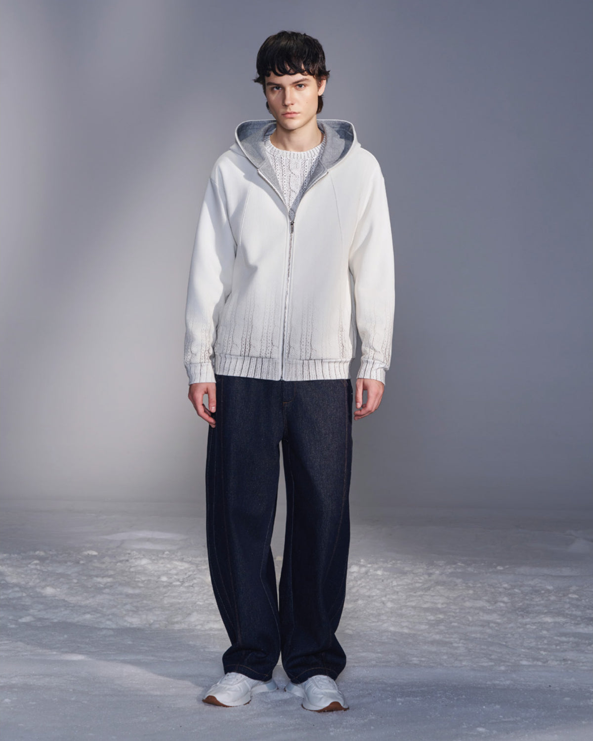 HARRISON WONG / Sweater Print Zip-Up Hoodie - White