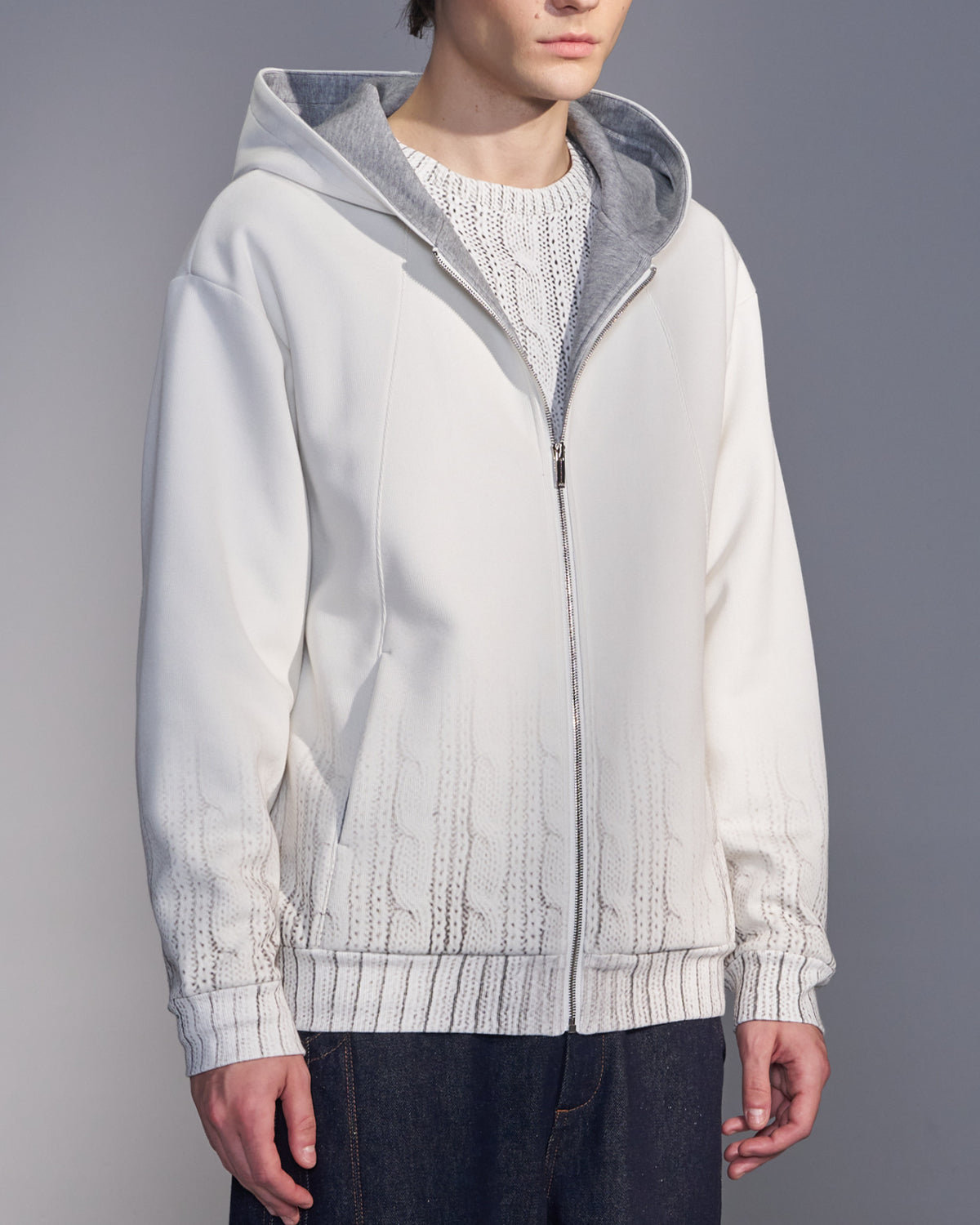 HARRISON WONG / Sweater Print Zip-Up Hoodie - White