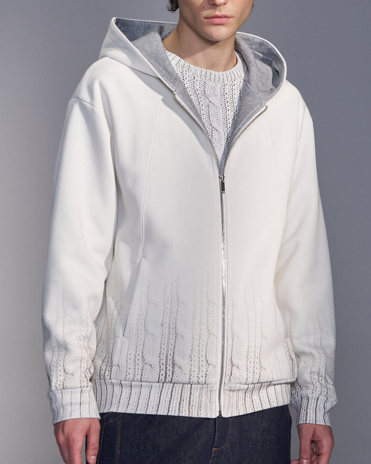 HARRISON WONG / Sweater Print Zip-Up Hoodie - White