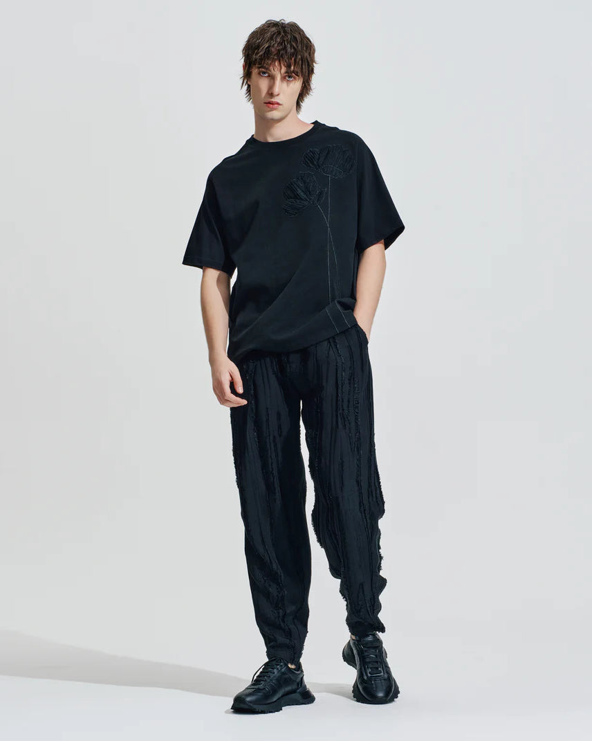 HARRISON WONG / Ripped Texture Carrot Fit Pants - Black