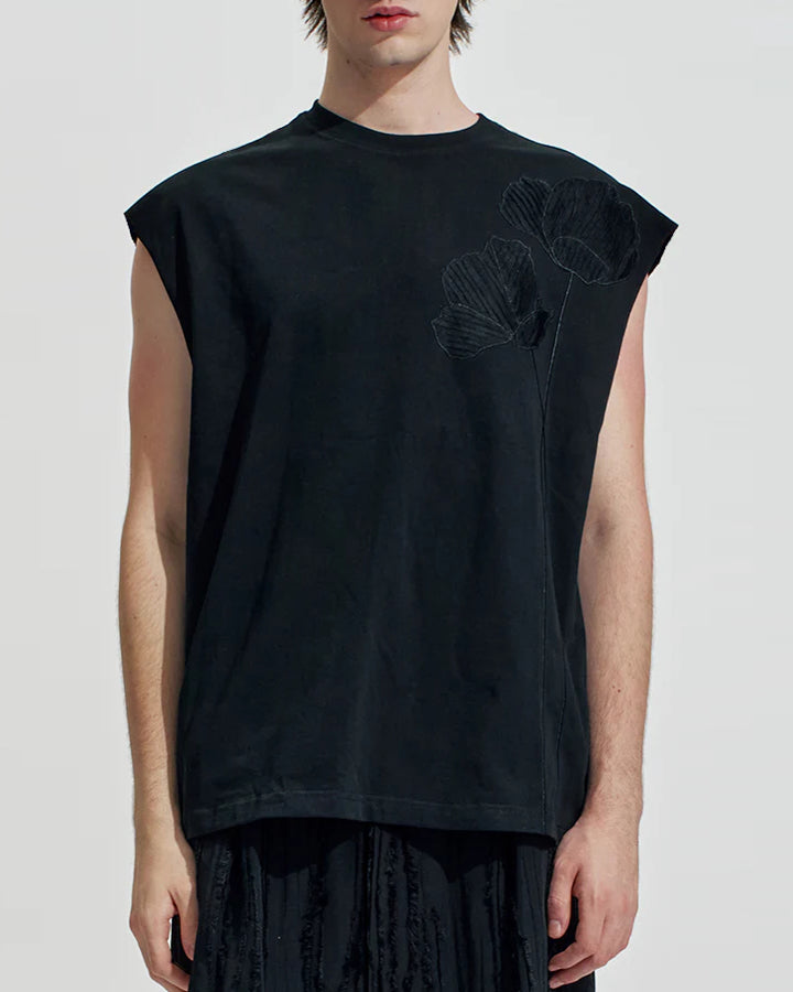 HARRISON WONG / Oversize Sleeveless Tee With Flowers Embroidery - Black