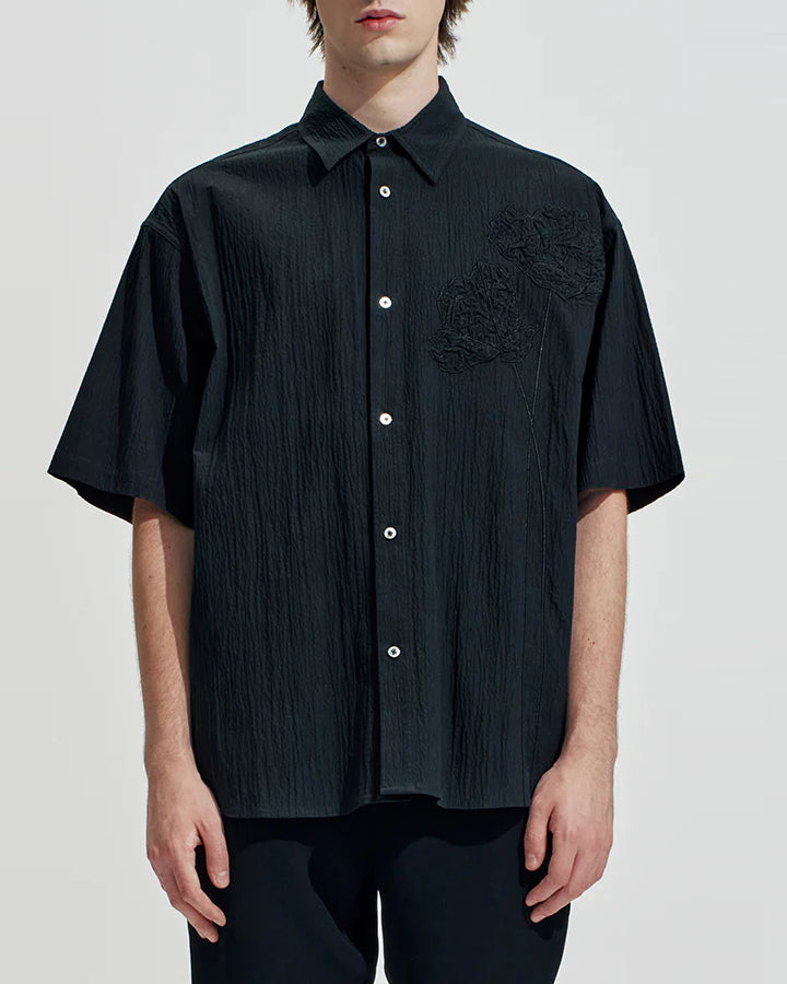 HARRISON WONG / Oversize Textured Cotton Shirt With Flowers Embroidery - Black
