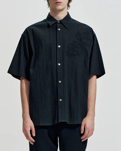 HARRISON WONG / Oversize Textured Cotton Shirt With Flowers Embroidery - Black