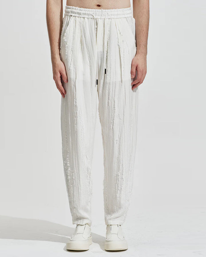 HARRISON WONG / Ripped Texture Carrot Fit Pants - White