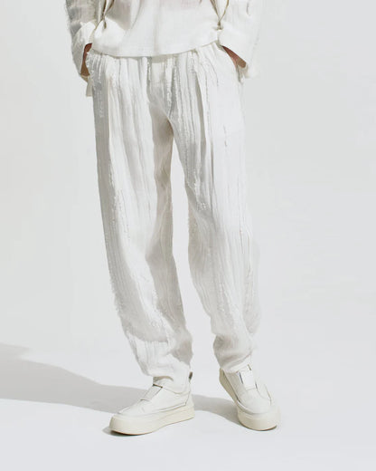 HARRISON WONG / Ripped Texture Carrot Fit Pants - White