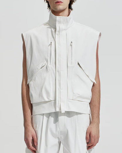 HARRISON WONG / Striped Textured Wide Shoulder Sleeveless Jacket