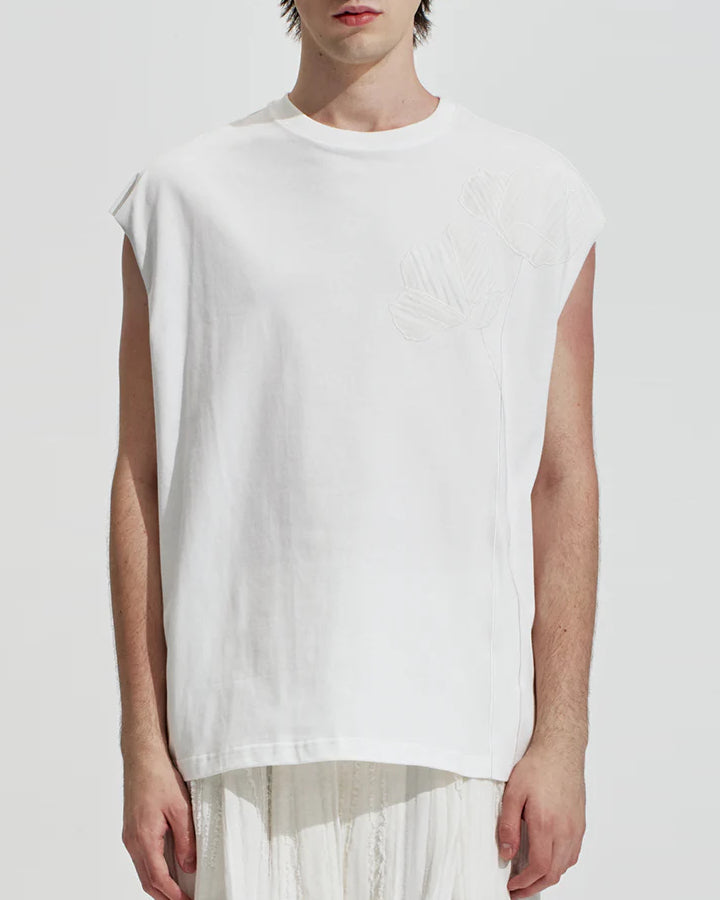 HARRISON WONG / Oversize Sleeveless Tee With Flowers Embroidery - White
