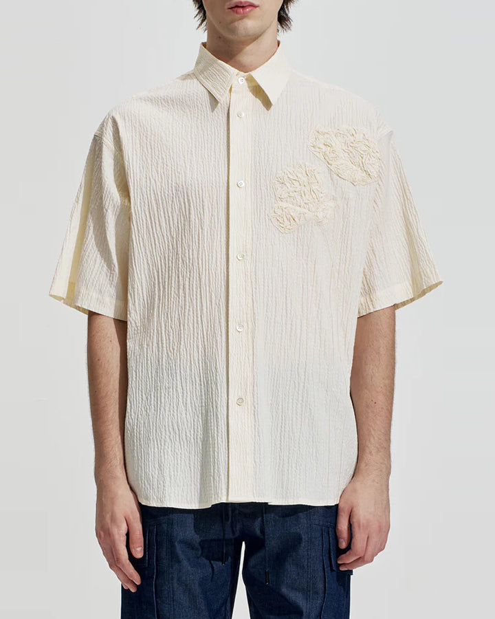 HARRISON WONG / Oversize Textured Cotton Shirt With Flowers Embroidery - Beige