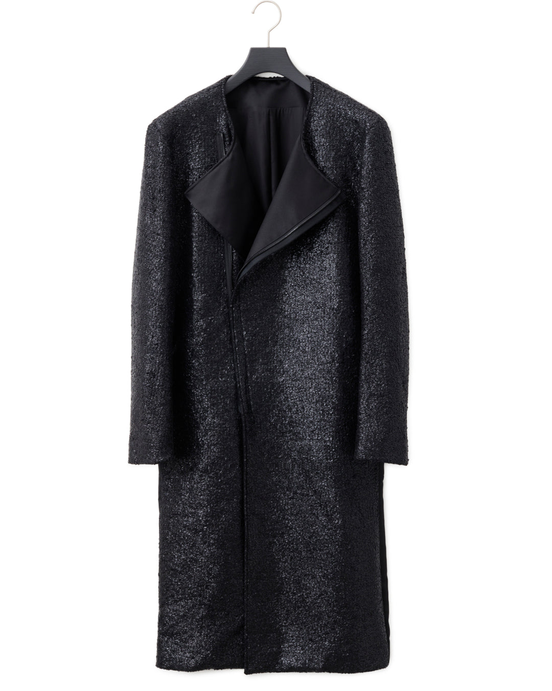 ys Yuji SUGENO / Black Foil Tweed No-Collar Riders Coat