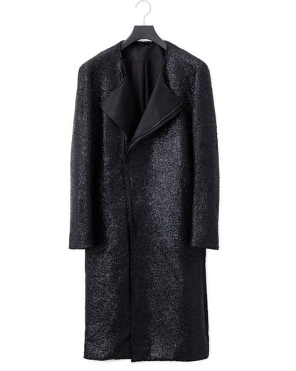 ys Yuji SUGENO / Black Foil Tweed No-Collar Riders Coat