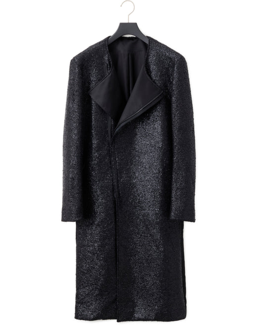 ys Yuji SUGENO / Black Foil Tweed No-Collar Riders Coat