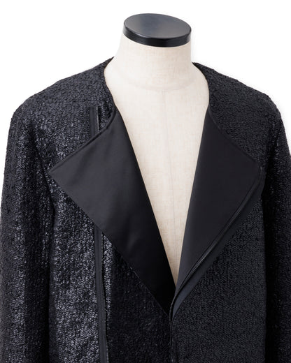 ys Yuji SUGENO / Black Foil Tweed No-Collar Riders Coat
