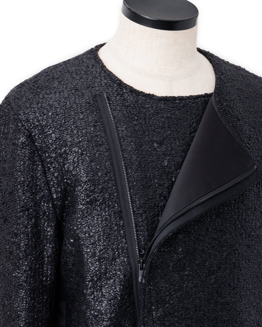 ys Yuji SUGENO / Black Foil Tweed No-Collar Riders Coat