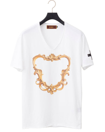 Bennu / Printed Vneck Tee - Arabesque Frame - WHITE