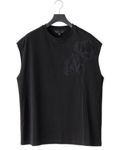 HARRISON WONG / Oversize Sleeveless Tee With Flowers Embroidery - Black