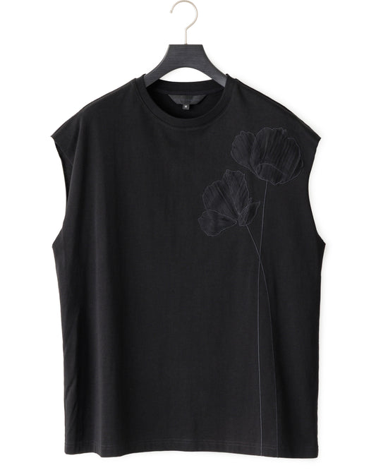 HARRISON WONG / Oversize Sleeveless Tee With Flowers Embroidery - Black