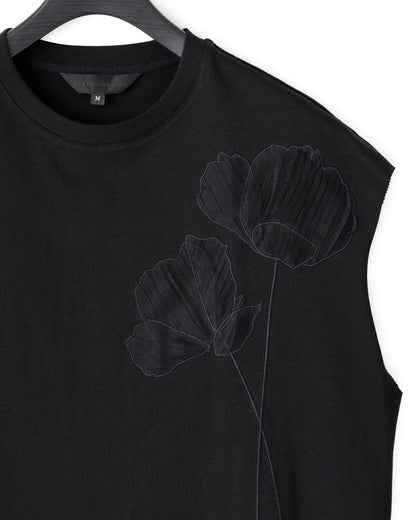 HARRISON WONG / Oversize Sleeveless Tee With Flowers Embroidery - Black
