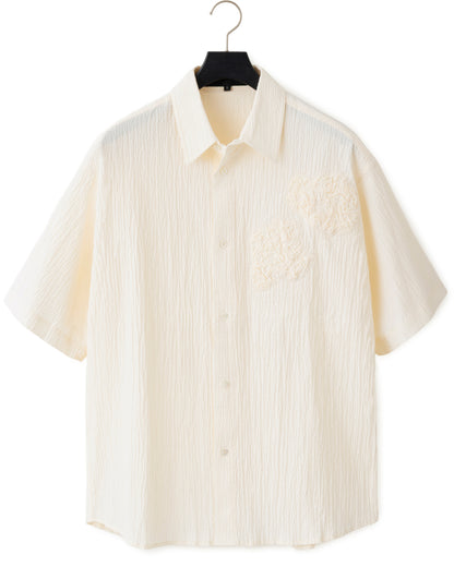 HARRISON WONG / Oversize Textured Cotton Shirt With Flowers Embroidery - Beige