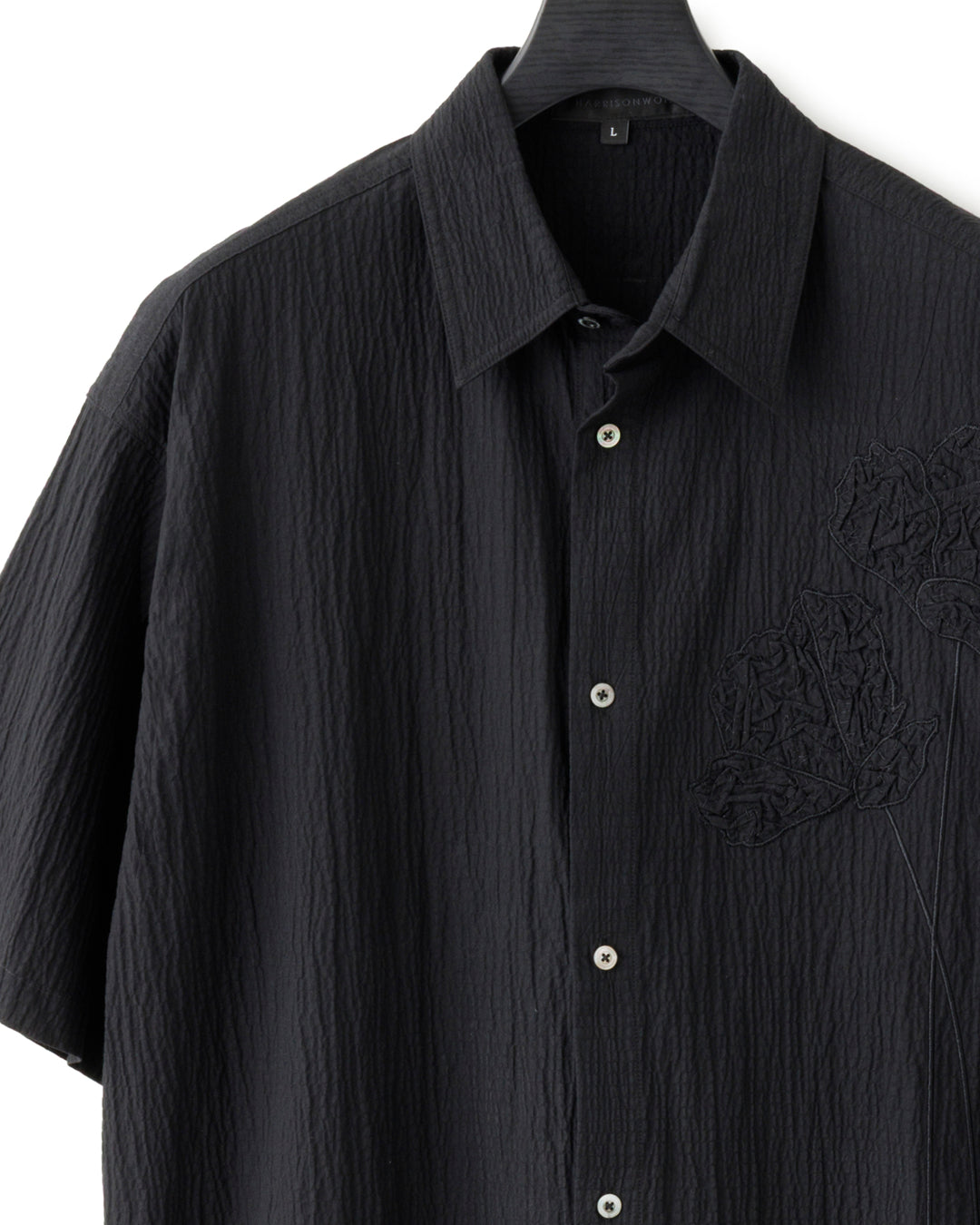 HARRISON WONG / Oversize Textured Cotton Shirt With Flowers Embroidery - Black