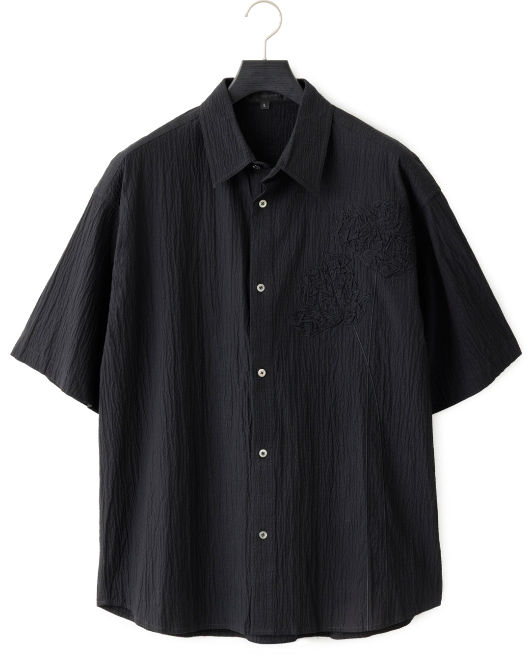 HARRISON WONG / Oversize Textured Cotton Shirt With Flowers Embroidery - Black