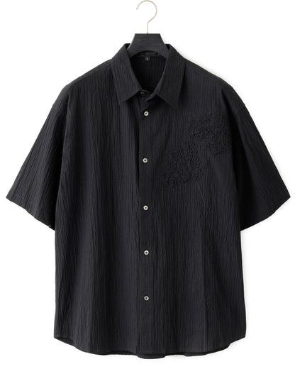 HARRISON WONG / Oversize Textured Cotton Shirt With Flowers Embroidery - Black