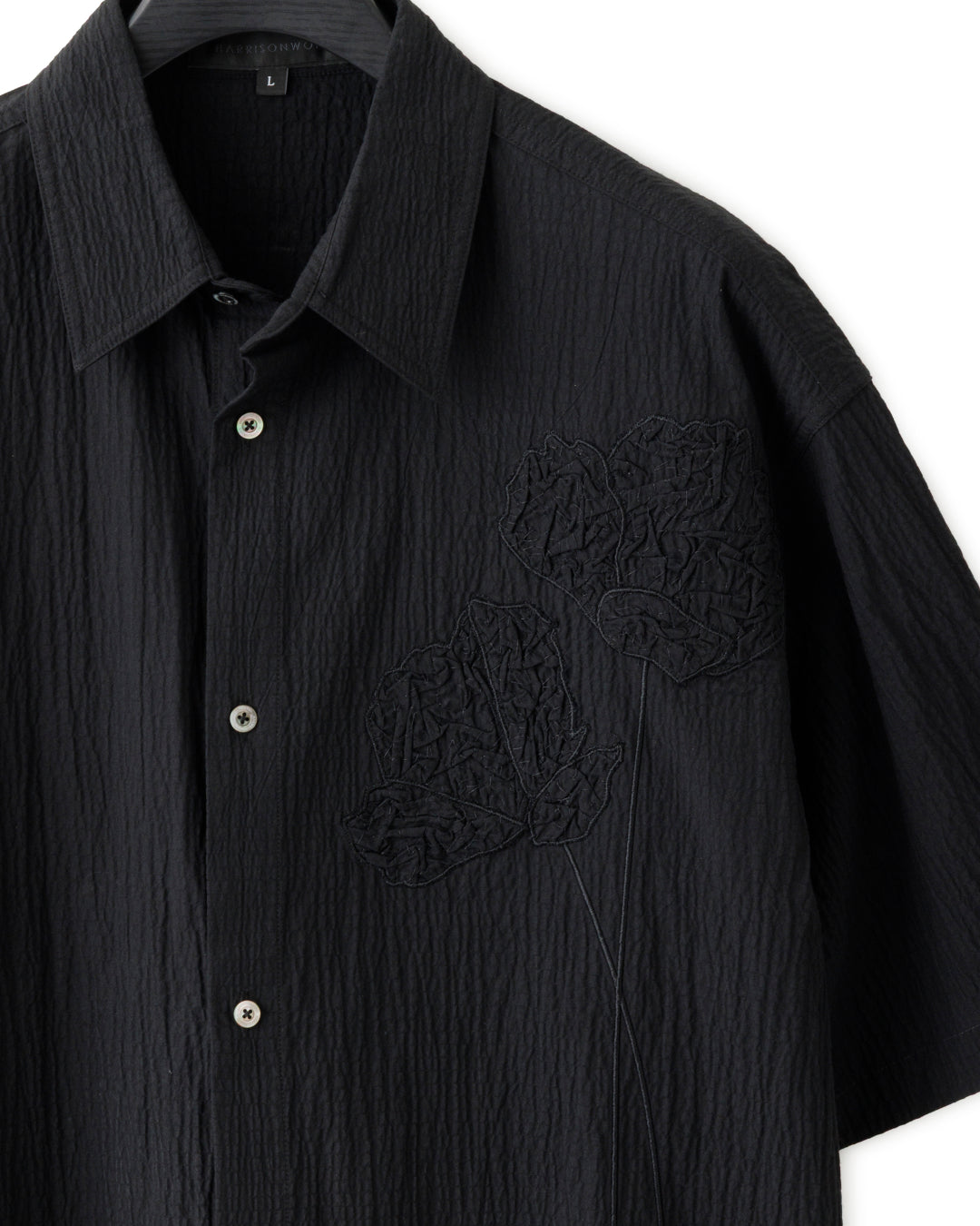 HARRISON WONG / Oversize Textured Cotton Shirt With Flowers Embroidery - Black
